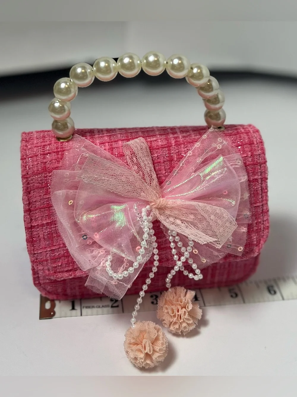 NWOT Girls Pink Tweed Pearl Handle Bow Mini Crossbody Purse
